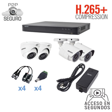 SISTEMA TURBOHD 1080P DVR 4 CANALES 2 CÁMARAS BALA (EXTERIOR 2.8 MM) 2 CÁMARAS EYEBALL (EXTERIOR 2.8 MM) TRANSCEPTORES CONECTORES FUENTE DE PODER PROFESIONAL