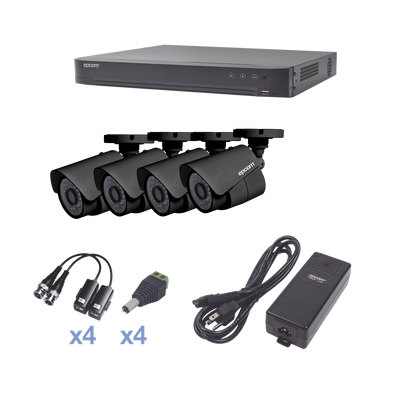 KIT TURBOHD 1080P DVR 4 CANALES 4 CÁMARAS BALA (EXTERIOR 2.8 MM) TRANSCEPTORES CONECTORES FUENTE DE PODER PROFESIONAL