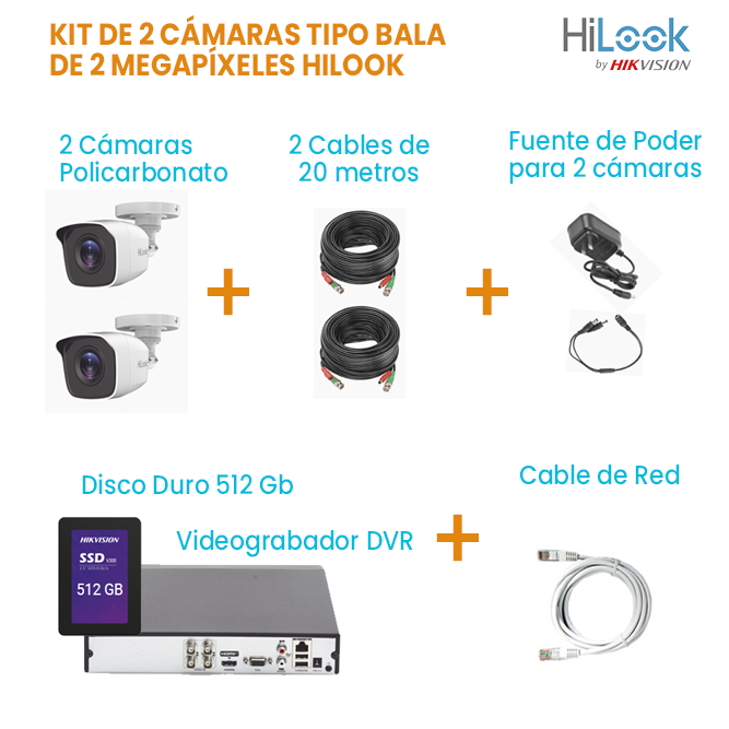 KIT DE 2 CÁMARAS TIPO BALA DE 2 MEGAPÍXELES DE POLICARBONATO HILOOK | DISCO DURO 512GB | TODO INCLUIDO PARA SU INSTALACIÓN.