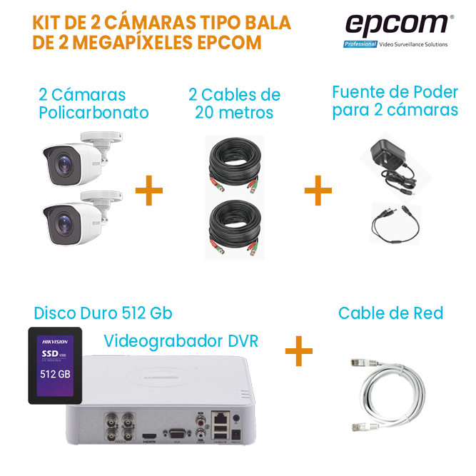 KIT DE 2 CÁMARAS TIPO BALA DE 2 MEGAPÍXELES DE POLICARBONATO EPCOM | DISCO DURO 512GB | TODO INCLUIDO PARA SU INSTALACIÓN.