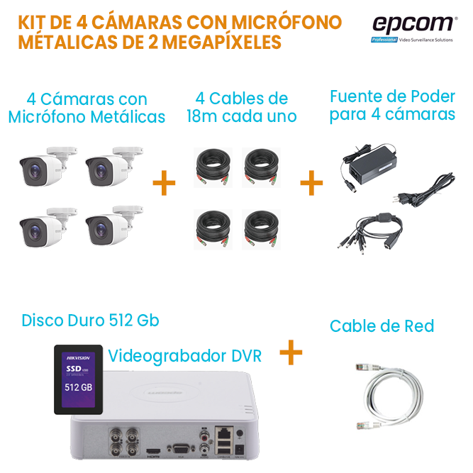 KIT DE 4 CÁMARAS TIPO BALA CON MICRÓFONO DE 2 MEGAPÍXELES MÉTALICAS EPCOM | DISCO DURO 512GB | TODO INCLUIDO PARA SU INSTALACIÓN.