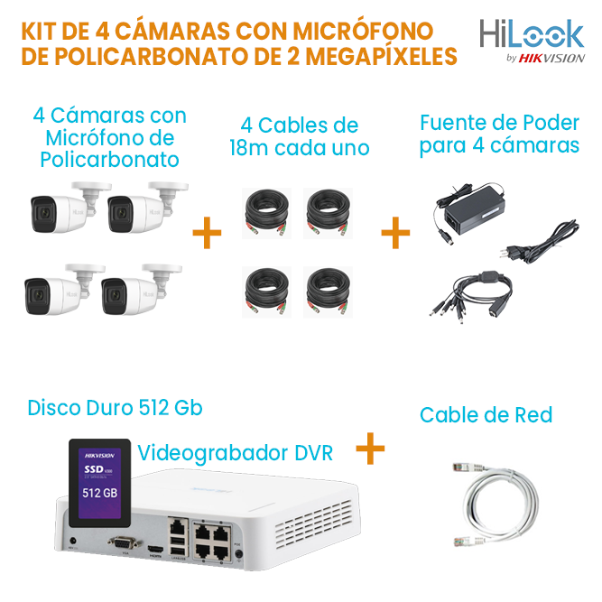 KIT DE 4 CÁMARAS TIPO BALA CON MICRÓFONO DE 2 MEGAPÍXELES DE POLICARBONATO HILOOK | DISCO DURO 512GB | TODO INCLUIDO PARA SU INSTALACIÓN.