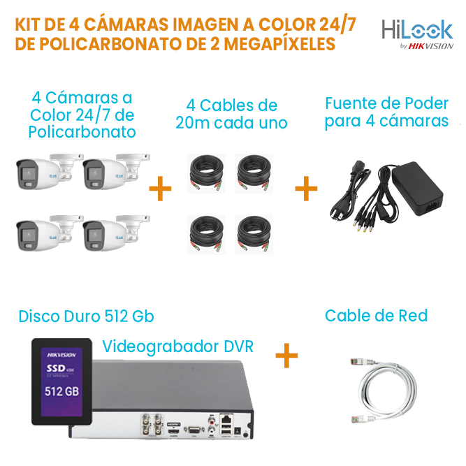 KIT DE 4 CÁMARAS TIPO BALA CON IMAGEN A COLOR 24/7 DE 2 MEGAPÍXELES DE POLICARBONATO HILOOK | DISCO DURO 512GB | TODO INCLUIDO PARA SU INSTALACIÓN.