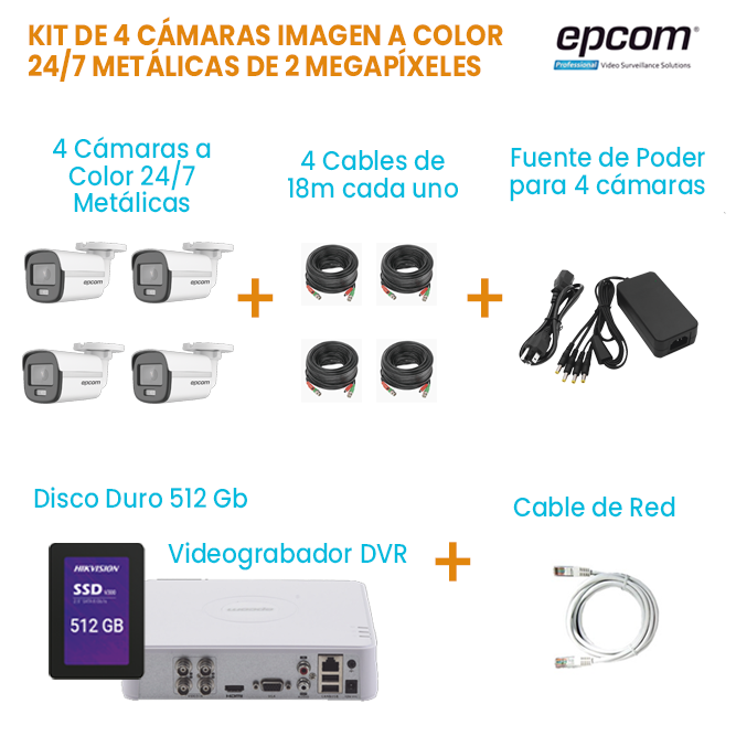 KIT DE 4 CÁMARAS TIPO BALA CON IMAGEN A COLOR 24/7 DE 2 MEGAPÍXELES METÁLICAS EPCOM | DISCO DURO 512GB | TODO INCLUIDO PARA SU INSTALACIÓN.