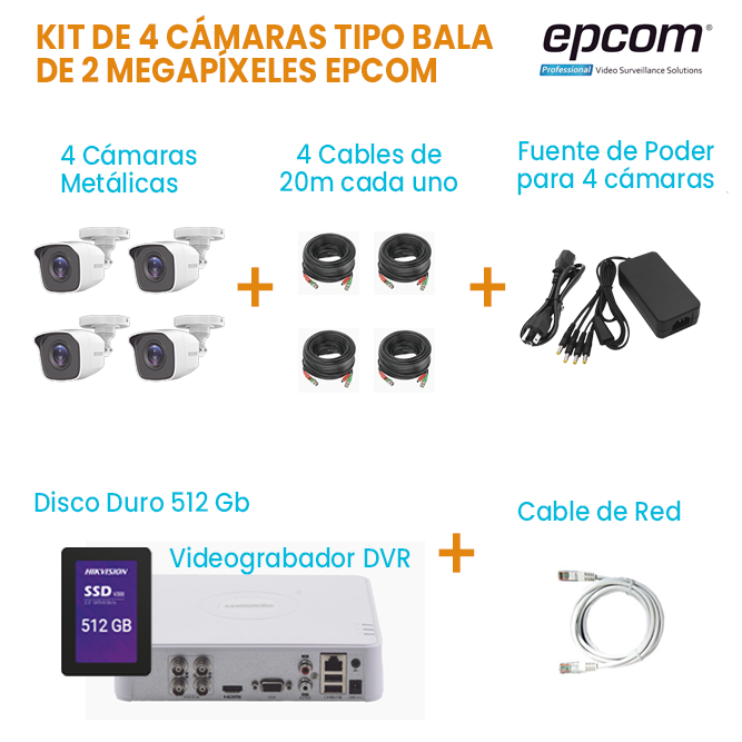 KIT DE 4 CÁMARAS TIPO BALA DE 2 MEGAPÍXELES DE POLICARBONATO EPCOM | DISCO DURO 512GB | TODO INCLUIDO PARA SU INSTALACIÓN.