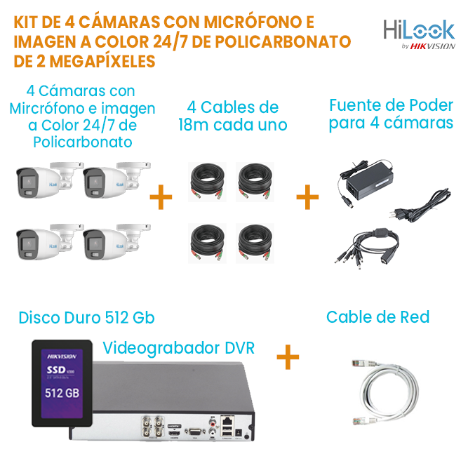 KIT DE 4 CÁMARAS TIPO BALA CON MICRÓFONO E IMAGEN A COLOR 24/7 DE 2 MEGAPÍXELES DE POLICARBONATO HILOOK | DISCO DURO 512GB | TODO INCLUIDO PARA SU INSTALACIÓN.