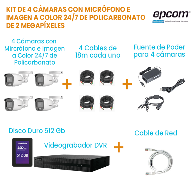 KIT DE 4 CÁMARAS TIPO BALA CON MICRÓFONO E IMAGEN A COLOR 24/7 DE 2 MEGAPÍXELES DE POLICARBONATO EPCOM | DISCO DURO 512GB | TODO INCLUIDO PARA SU INSTALACIÓN.