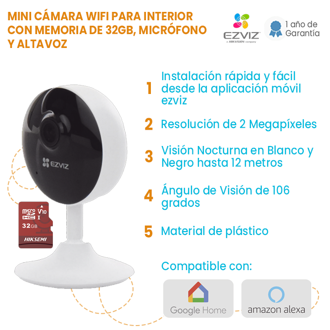 MINI CÁMARA WIFI CON MEMORIA DE 32GB PARA USO INTERIOR, CON MICRÓFONO Y ALTAVOZ (PARA ESCUCHAR Y HABLAR DESDE EL CELULAR) EZVIZ | TODO INCLUIDO C1