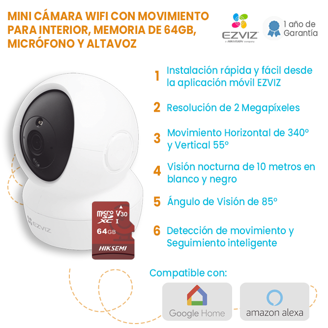 MINI CÁMARA WIFI CON MOVIMIENTO Y MEMORIA DE 64GB PARA USO INTERIOR, CON MICRÓFONO Y ALTAVOZ (PARA ESCUCHAR Y HABLAR DESDE EL CELULAR) EZVIZ | TODO INCLUIDO C6N